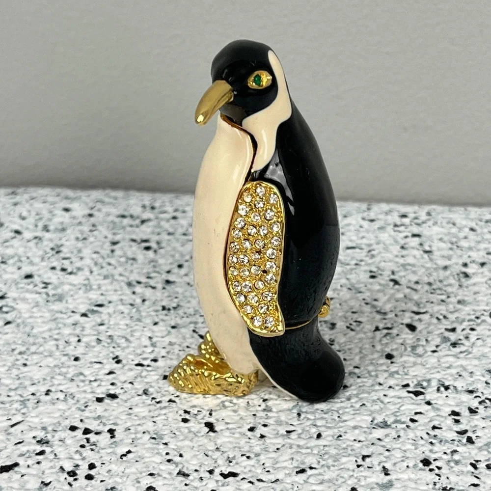 Penguin‎ Trinket Box Enameled Metal Rhinestone Hinged Collectible